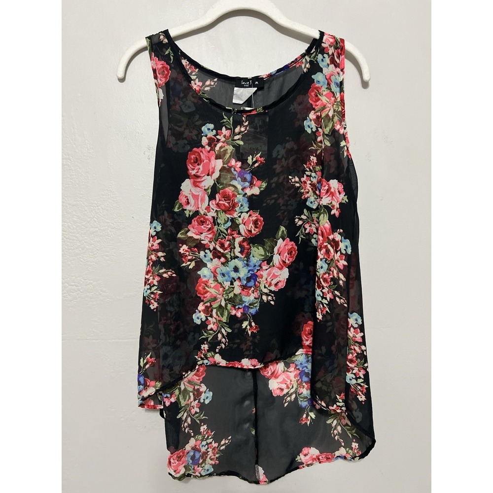 Black Dark Romantic Floral Sheer Girlie High Low Hem Feminine Whimsical M Top